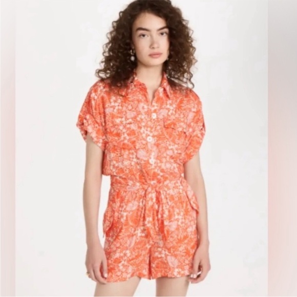 Vibrant Orange Floral Button-Up Romper - Picture 5 of 5